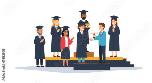 Diverse group of university graduates in academic gowns receiving an award at a ceremony.