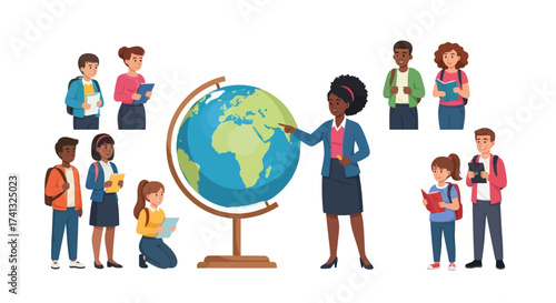 Teacher Explaining Geography to Students with Globe Illustration.