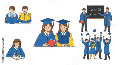 Students in Graduation Gowns Studying Writing and Celebrating Academic Success.