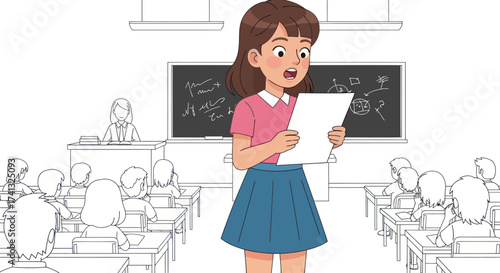 Cartoon Girl Presenting in Classroom with Blackboard.