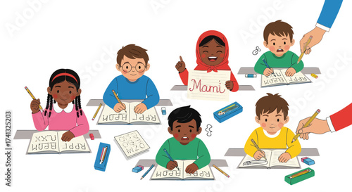 Diverse Children Students Learning and Writing in Classroom Illustration.