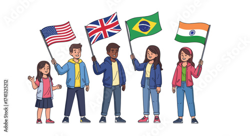 Cartoon illustration of a diverse group of people holding international flags.