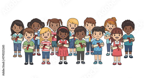 Diverse Group of Children Holding Crosses Celebrating First Communion.