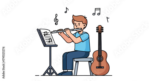 Young Man Playing Flute with Musical Notes and Guitar.