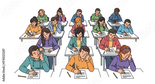 Diverse group of students taking an exam in a classroom setting.