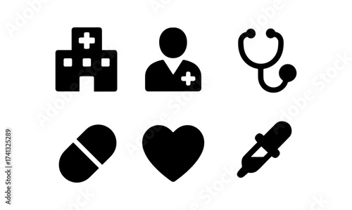 Medical icons set: doctor, hospital, stethoscope, medicine, heart, dropper in silhouette design