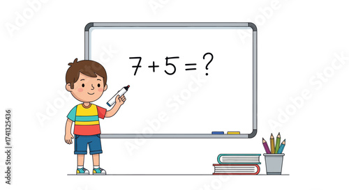 Young Boy Posing with Whiteboard and Math Equation.