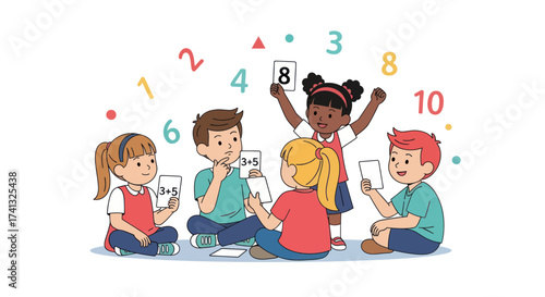 Diverse Children Playing Educational Number Card Game Together.