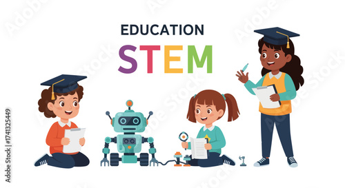 Diverse Children Engaging in STEM Education Activities with Robot.
