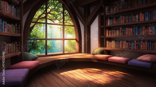 Cozy reading nook with colorful cushions, surrounded by bookshelves and a sunlit window view of nature