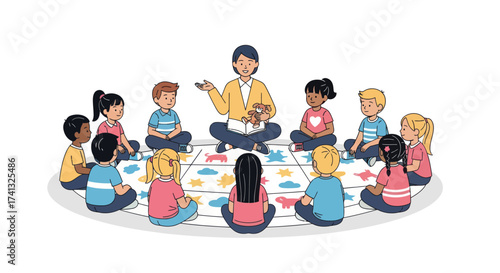 Teacher with Children Sitting in Circle on Mat Cartoon Illustration.