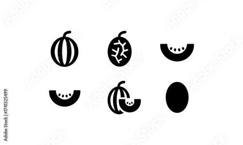 Simple black melon icons featuring whole and sliced fruit on white background