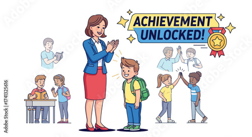 Cartoon Teacher Applauds Young Student for School Achievement.