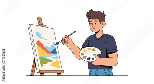 Young male artist with a palette and brush painting a colorful landscape on a canvas easel.