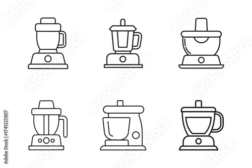 Outline illustrations of kitchen appliances including blenders and food processors on a simple white background for modern design projects
