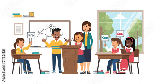 Diverse elementary school students and teacher in a classroom debate competition with pro and con sides.