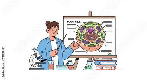 Teacher Explaining Plant Cell Structure with Pointer and Diagram in Classroom.