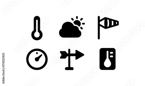 Weather icons set: temperature, cloudy, wind, barometer and direction symbols in silhouette style