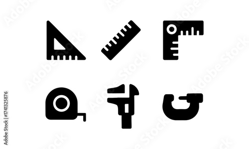 Set of measurement tool icons in flat black design