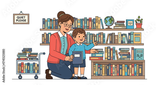 Smiling teacher and young boy choosing books in a school library.