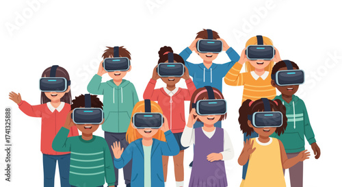Group of Diverse Children Experiencing Virtual Reality with VR Headsets Immersive Technology.
