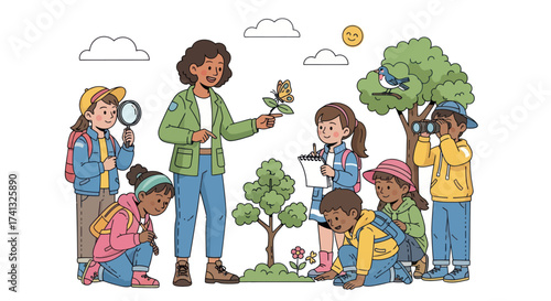 A teacher and diverse group of children on an outdoor nature lesson exploring plants and wildlife.