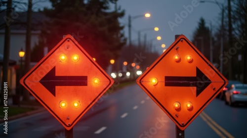 Street detour signs pointing opposite directions with blinking barricade lights, conflicting guidance, chaotic urban detail, night safety scene
