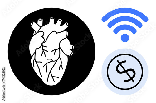 Anatomical heart silhouette contrasts with wireless and dollar sign icons exploring connectivity, health, money. Ideal for healthcare, tech, finance, innovation, physiology, economics simple flat