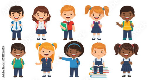A diverse collection of happy cartoon school children boys and girls in uniforms.