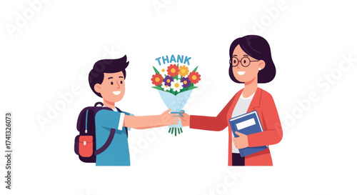 Boy Giving Flowers to Teacher with Thank You Message.