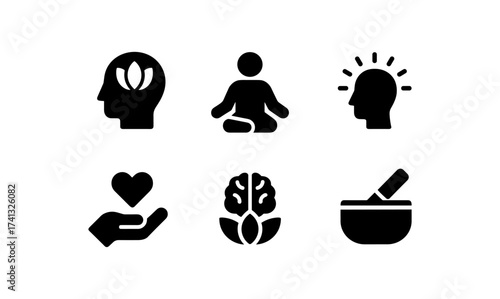 Mindfulness and wellness icons in silhouette style for meditation and healing