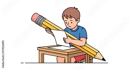 Young boy diligently writing with a giant pencil at a desk.