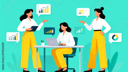 Three women in business meeting with charts