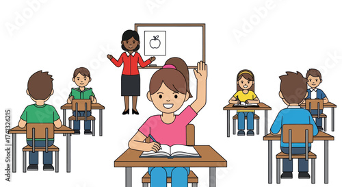 Cheerful Student Raising Hand in Classroom for Question.