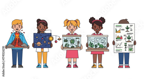 Diverse Group of Children Presenting Science Projects.