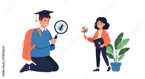 Students exploring nature examining insects with magnifying glass and studying plants.