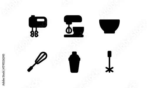 Kitchen appliance icons: mixer, bowl, whisk, shaker, blender in minimalist style