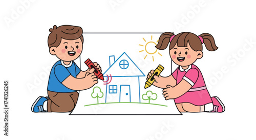 Two happy cartoon children a boy and a girl drawing a house with crayons together on a large piece of paper.