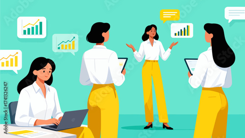 Business team collaborating with data charts