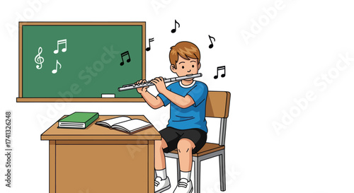 Young boy with red hair sitting at a desk in a classroom learning to play the transverse flute.