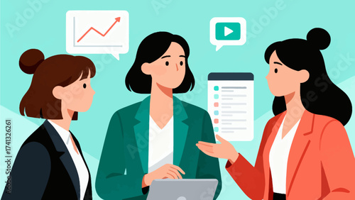 Three women in business meeting with data visuals