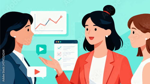 Three women discussing business data