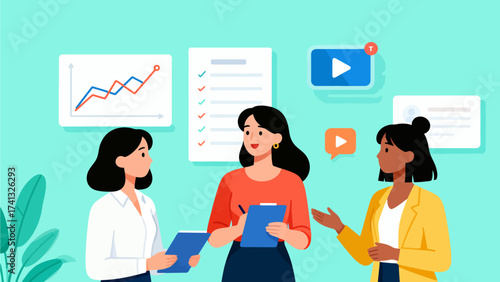 Three women in business meeting with charts and icons