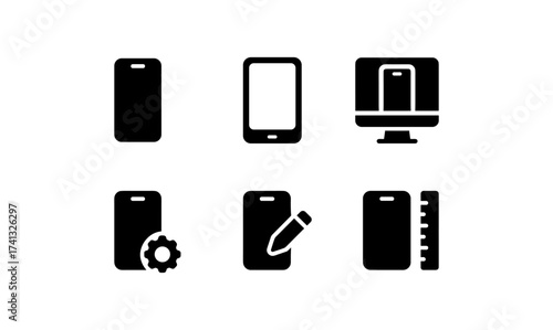Set of black technology icons for device customization and design