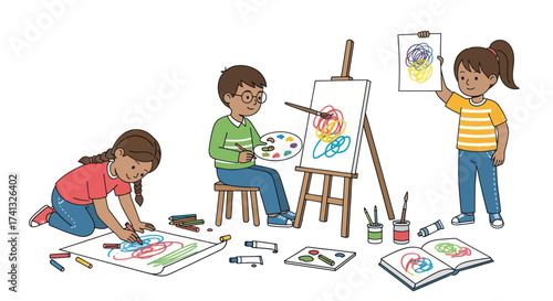 Children Engaged in Artistic Activities: Painting Drawing and Displaying Artwork.