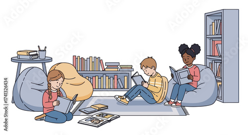 Children Reading Books Relaxing on Beanbag Chairs in Library.