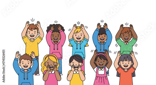 A diverse group of happy cartoon children smiling and making playful hand gestures together.