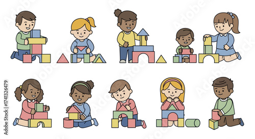Group of diverse children happily building with colorful toy blocks.
