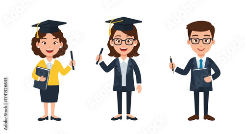 Cartoon Graduates Holding Pens and Wearing Mortarboards.