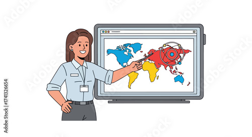Woman pointing at a colorful world map on a computer screen.